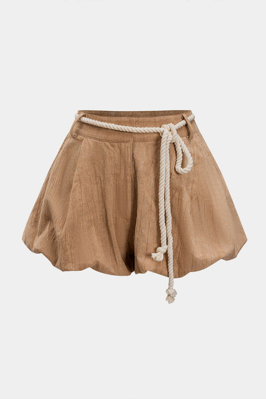 Solid Belted Ruched Shorts