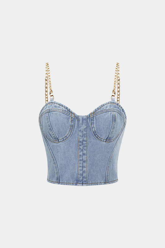 Denim Metallic Chain Bustier Cami Top