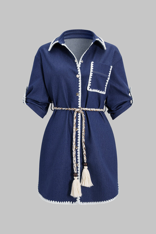 Denim Contrast Asymmetrical Pocket Belted Short Sleeve Mini Dress