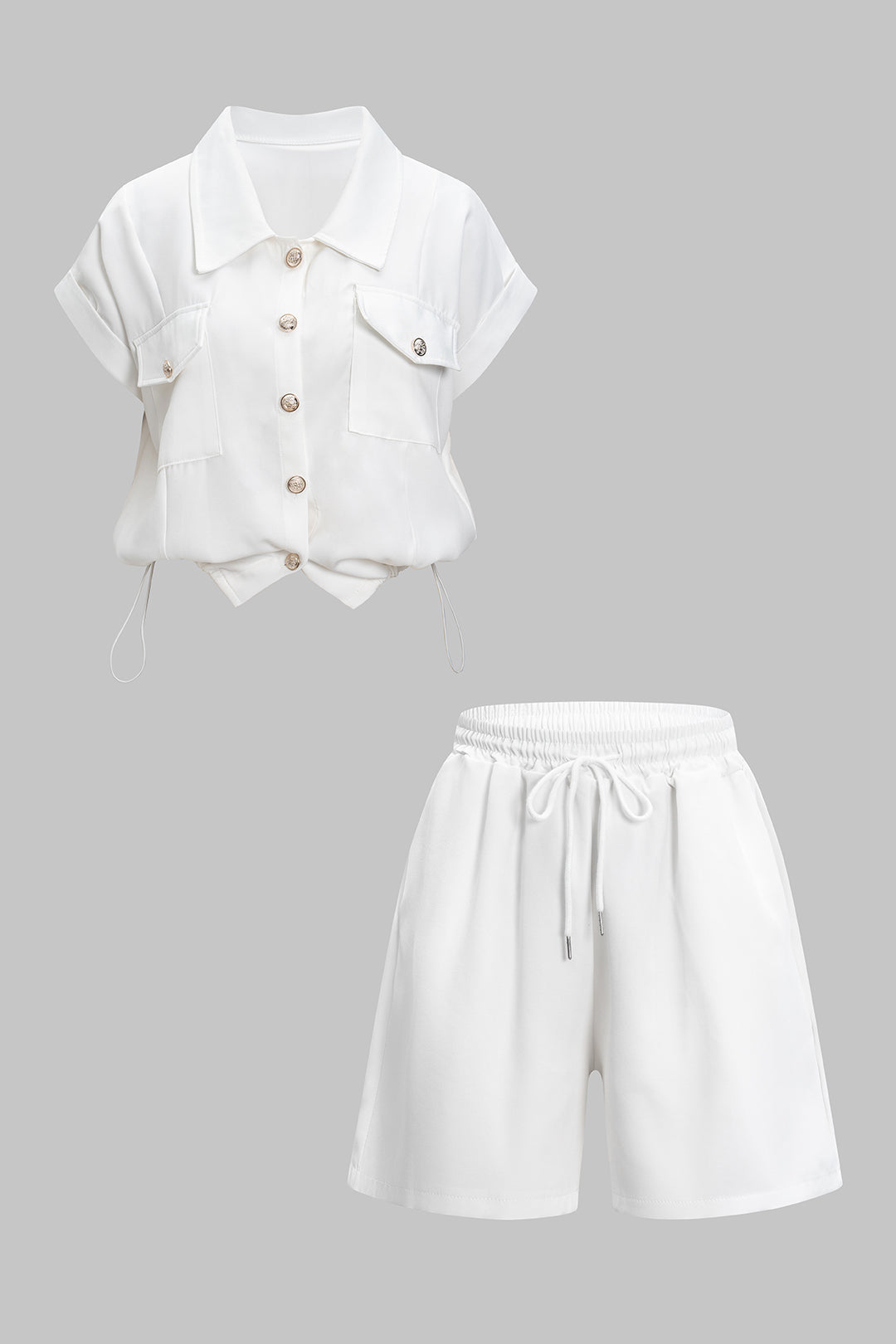 Pocket Button Tank Top And High Waist Drawstring Shorts Set