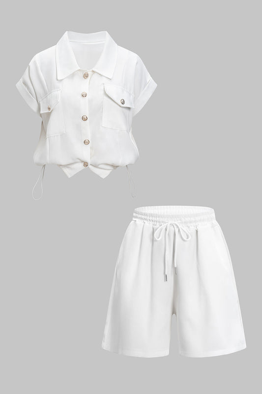 Pocket Button Tank Top And High Waist Drawstring Shorts Set