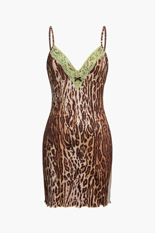 Leopard Print Lace Trim Bow Slip Sleeveless Mini Dress