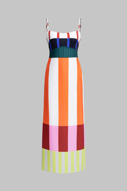 Color Block Stripes Print Zipper Slip Sleeveless Maxi Dress