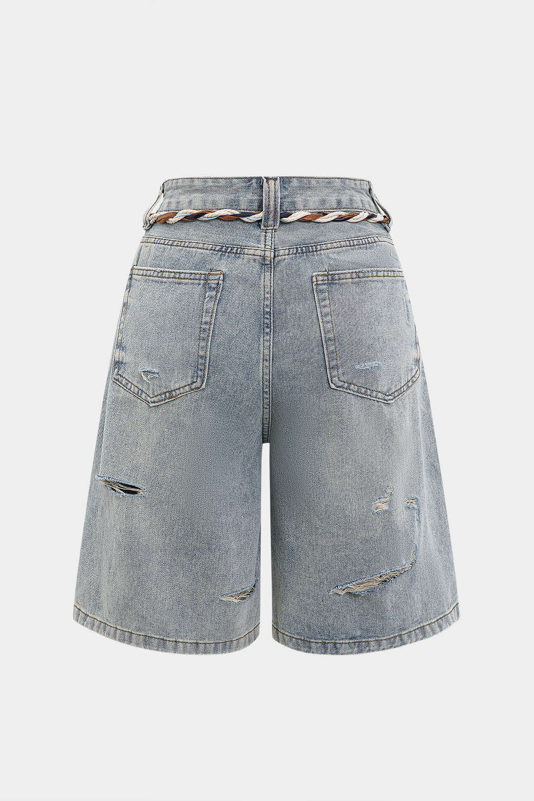 Denim Ripped Pocket Shorts With Belt