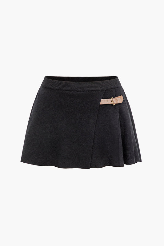 Solid Knit Belted Button Decoration Skirt