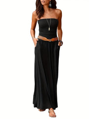 Vintage Solid Color Versatile Strapless Maxi Dress with Pockets