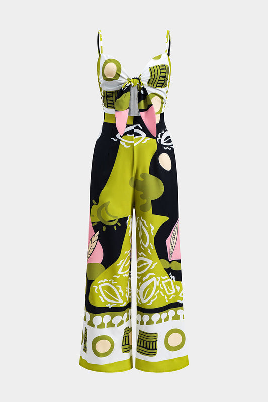 Contrast Print Tie Front Smocked Slip Sleeveless Jumpsuit