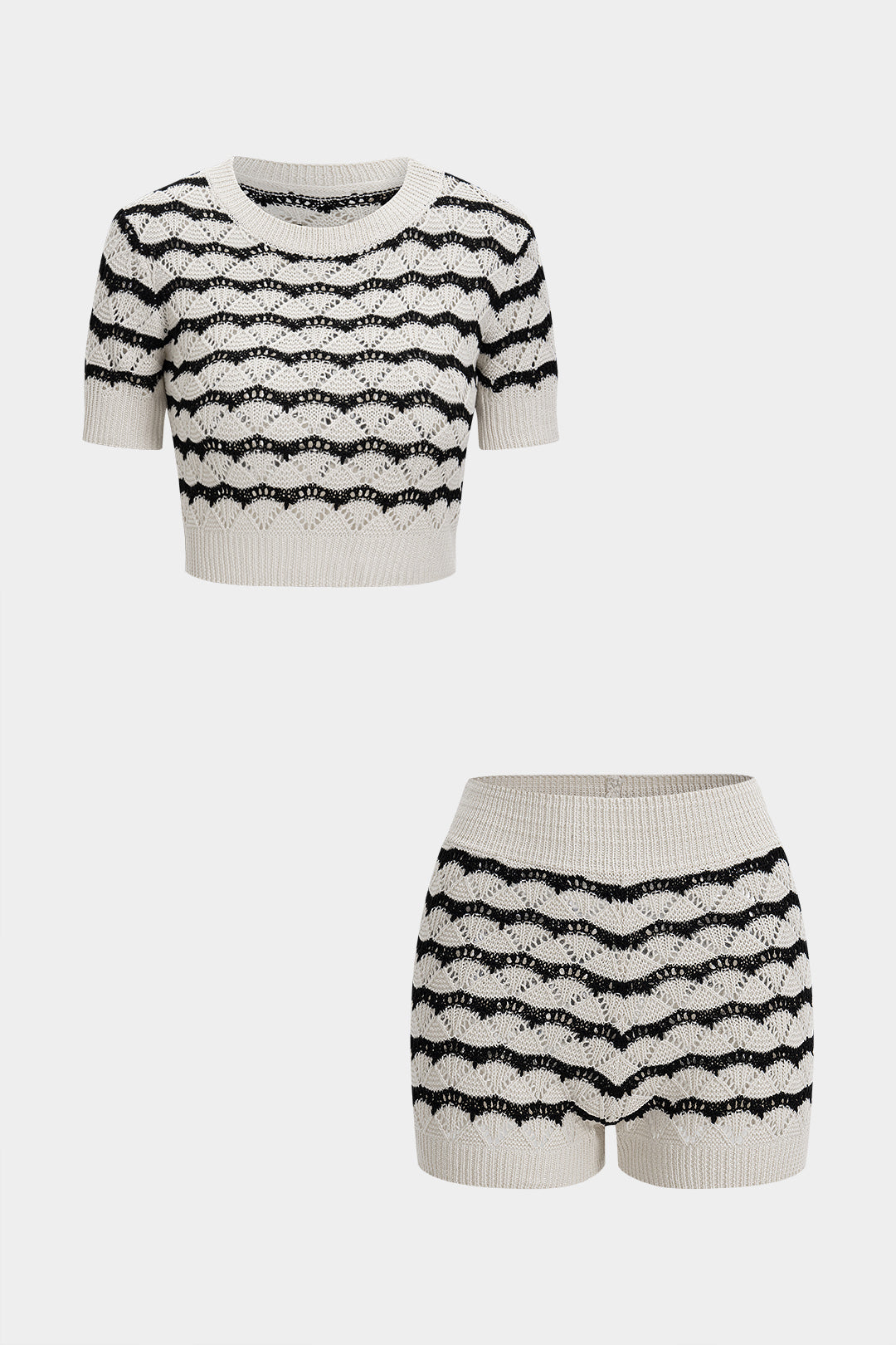Knit Stripes Contrast Print Cut Out Short-Sleeve Top And Shorts Set