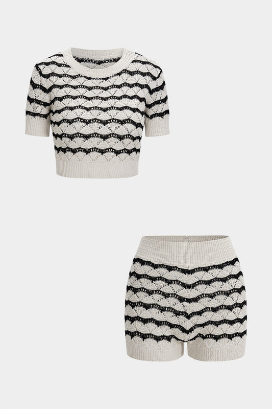 Knit Stripes Contrast Print Cut Out Short-Sleeve Top And Shorts Set