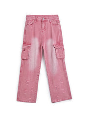 Pink Y2K Multi Pocket Ripped Cargo Jeans with Faded Effect