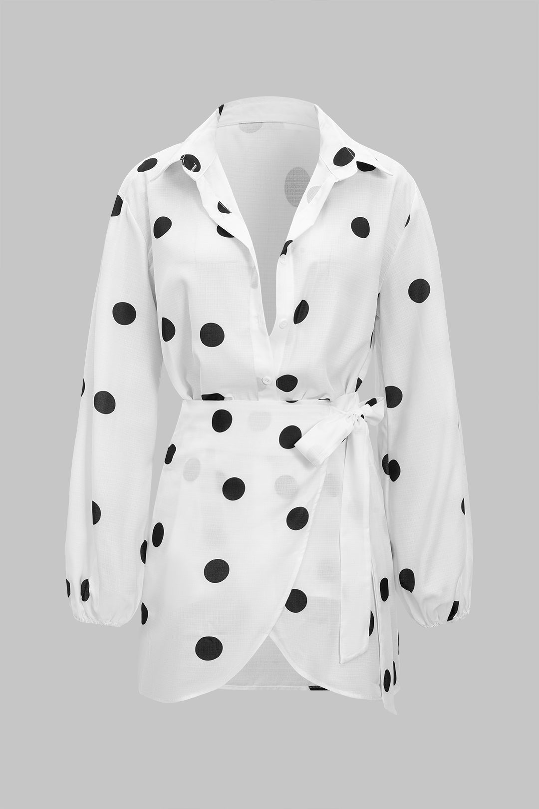 Polka Dots Print Tie-Up Detail Long Sleeve Shirt And Tie Front Mini Skirt Set