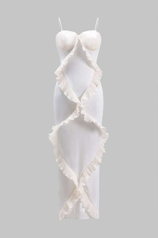 Ruffle Patchwork Bustier Side Slit Slip Maxi Dress
