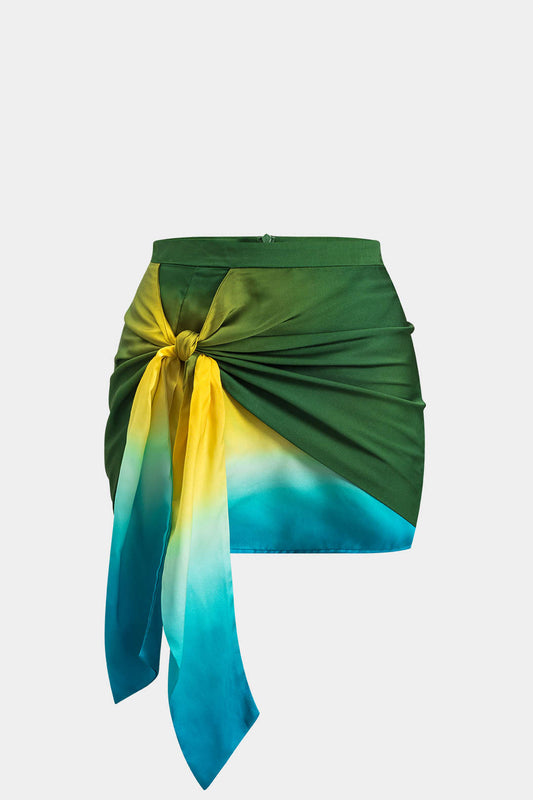 Plus Size Ombre Print Satin Ruched Tie Knot Zipper Skirt