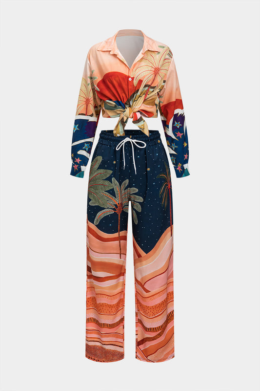 Coconut Palm Print Long Sleeve Shirt And Ruched Tie Front Trousers Set