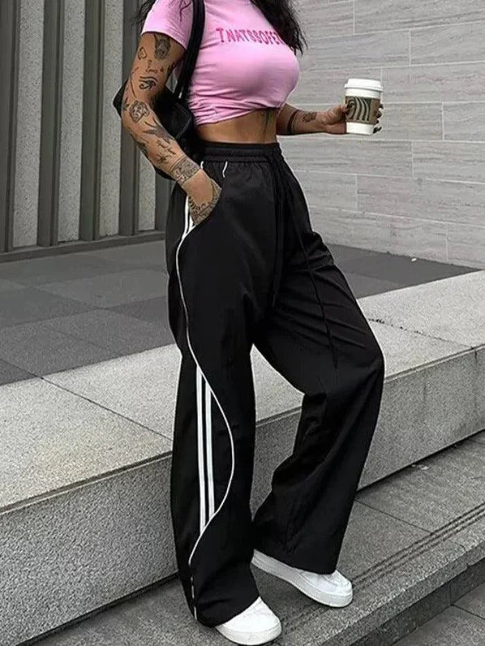 Contrast Color Retro Side Stripes Wide Leg Pants