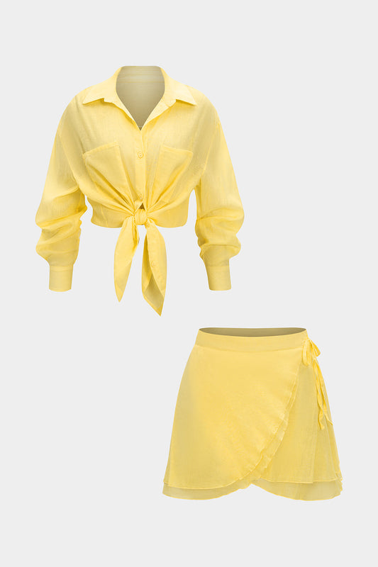 Solid Button Long-Sleeve Shirt And Tie-Up Skirt Set