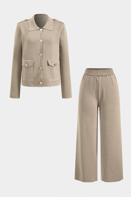 Knitted Button Flap Pocket Long Sleeve Top And Pleated Wide Leg Trousers Set