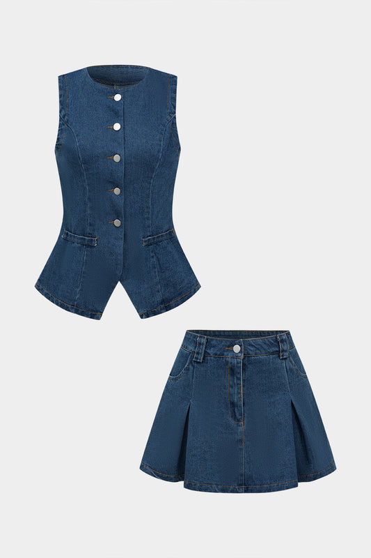 Denim Button Fake Pocket Sleeveless Top And Zipper Skirt Set