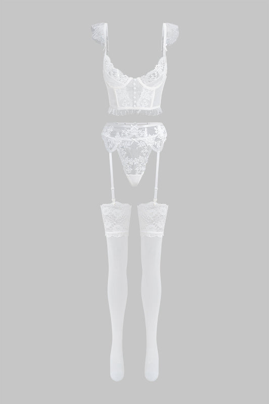 Lace Trim Bra Five-Piece Lingerie Garter Set
