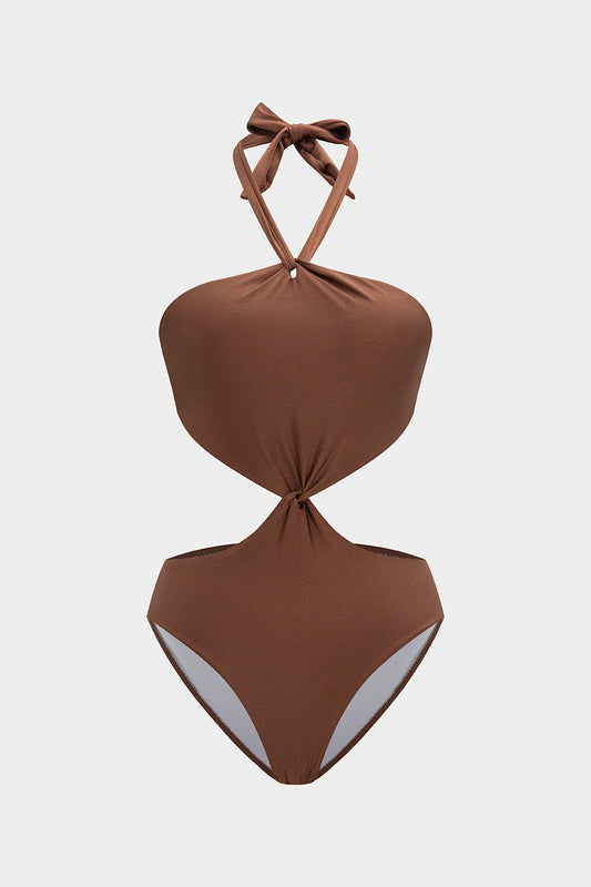 Halter Neck Cut Out Backless Tie-Up One-Piece Swimsuit