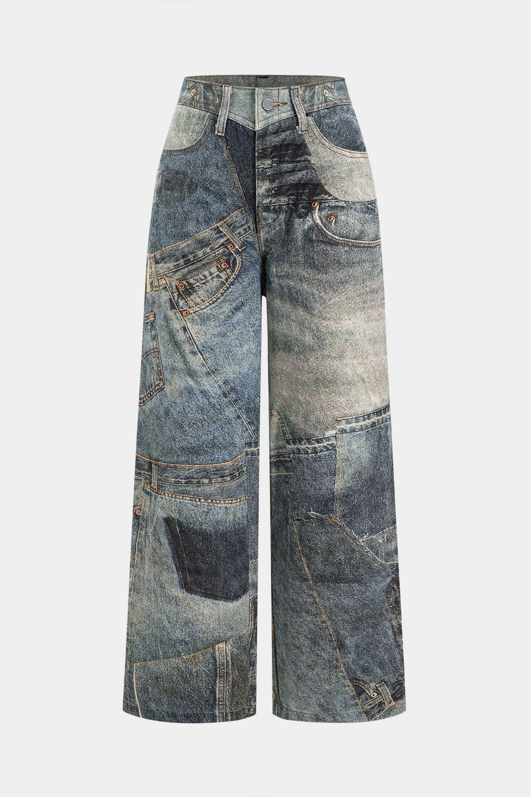Illusion Pattern Print Denim Straight Leg Jeans