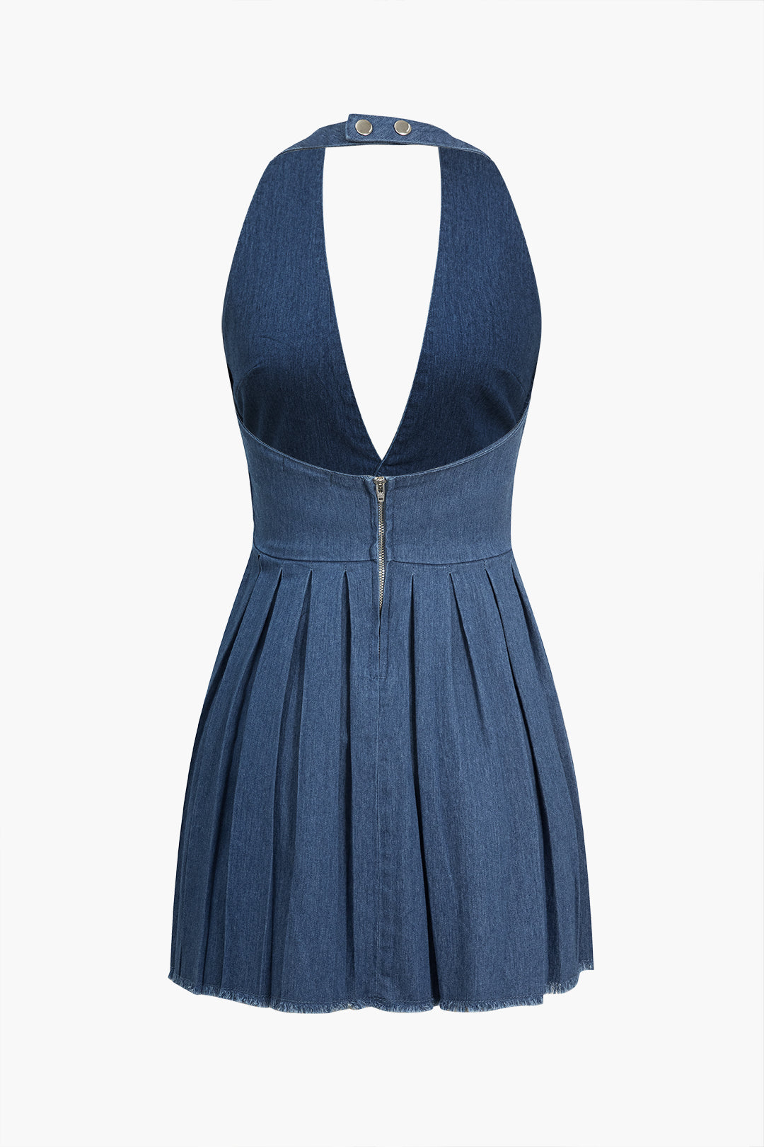 Solid Pleated V-neck Backless Denim Mini Dress