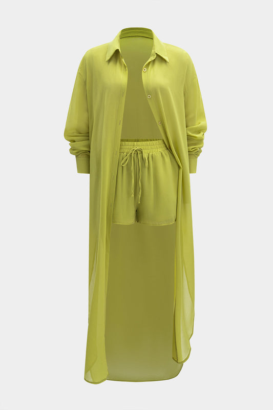 Chiffon Sheer Shirt And Shorts Set