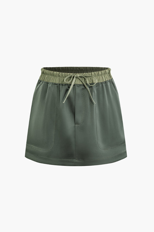 Contrast Tie-Up Elastic Waistband Skirt