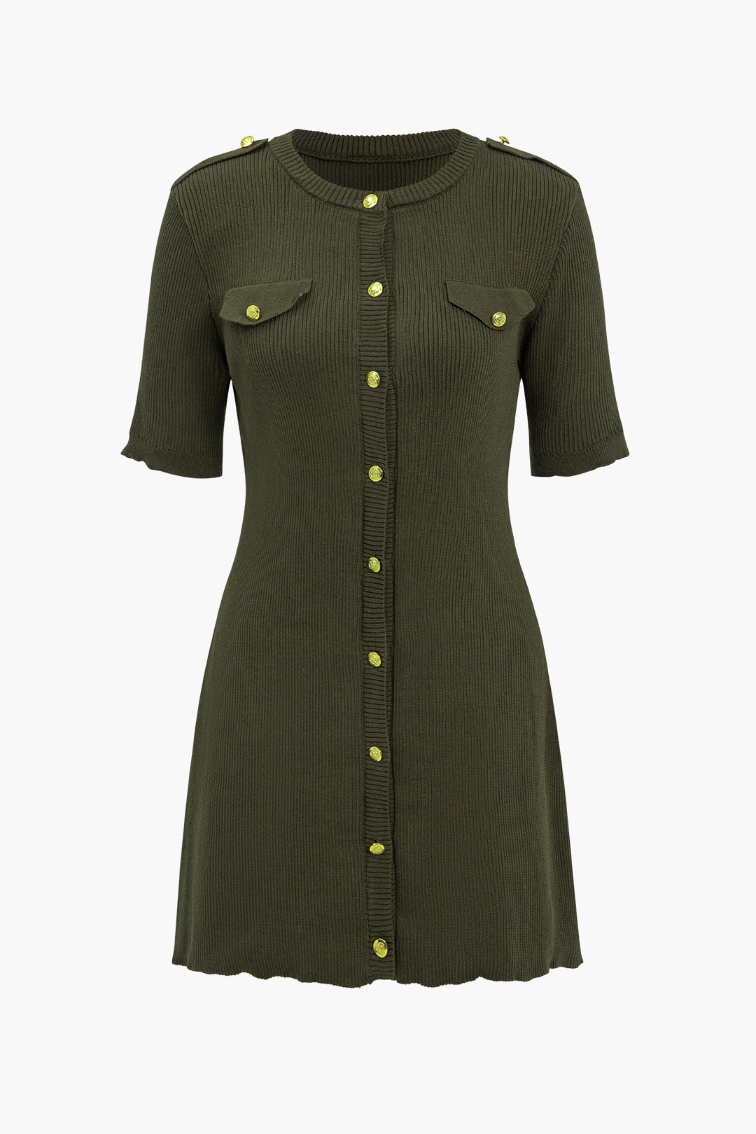 Solid Sweater Button Fake Pockets Mini Dress