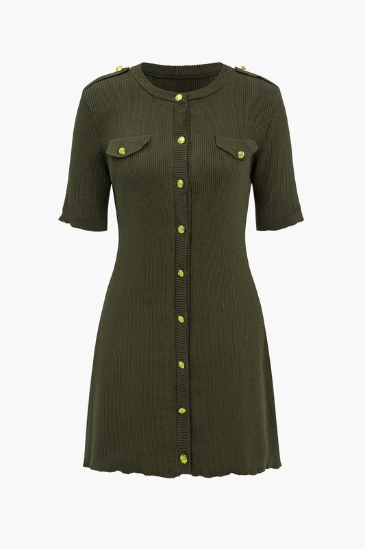 Solid Sweater Button Fake Pockets Mini Dress