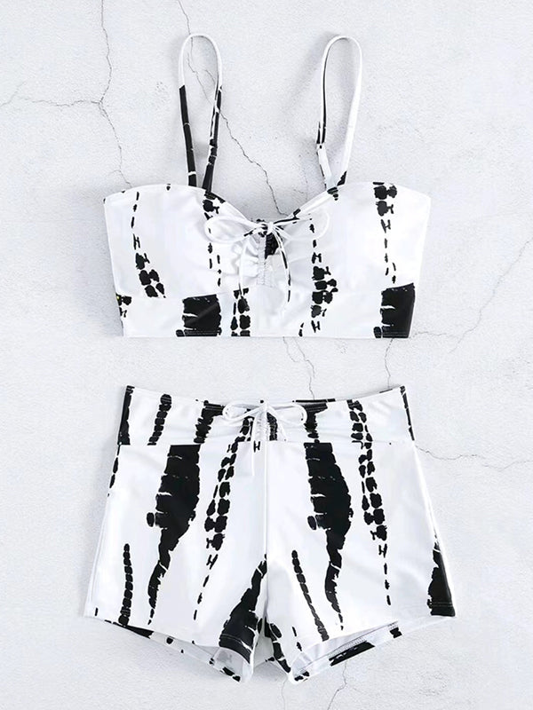 White Vintage Irregular Print Tie Up Cami Top & Shorts Binikis