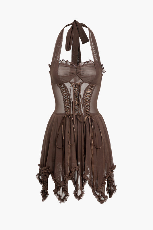 Sheer Halter Tie-Up Mini Dress