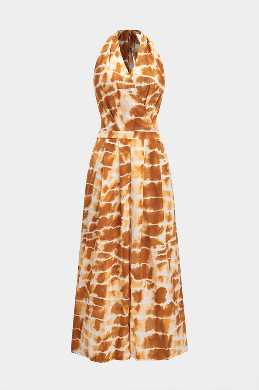 Tie Dye Print Halter Neck Tie-Up Shirred Sleeveless Jumpsuit
