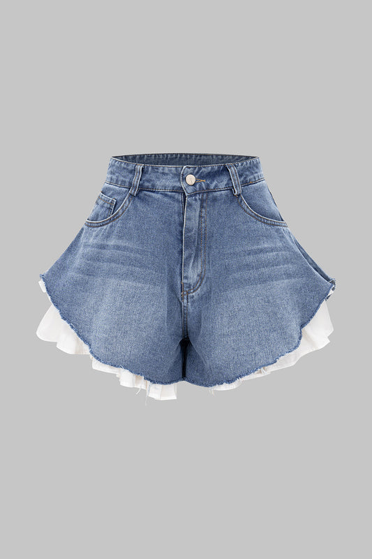 Denim Patchwork Frayed Wide Leg Shorts