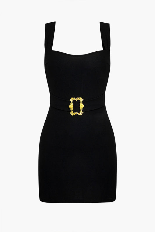 Solid Metallic Buckle Belted Mini Dress