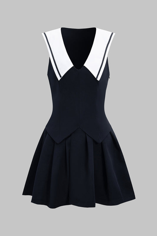 Contrast V-Neck Tie-Up Sleeveless Mini Dress