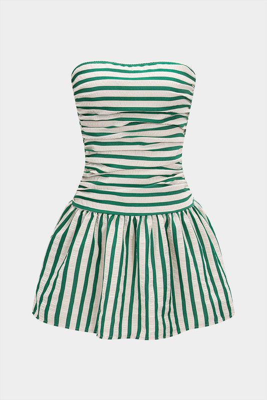 Stripes Print Smocked Strapless Backless Sleeveless Mini Dress