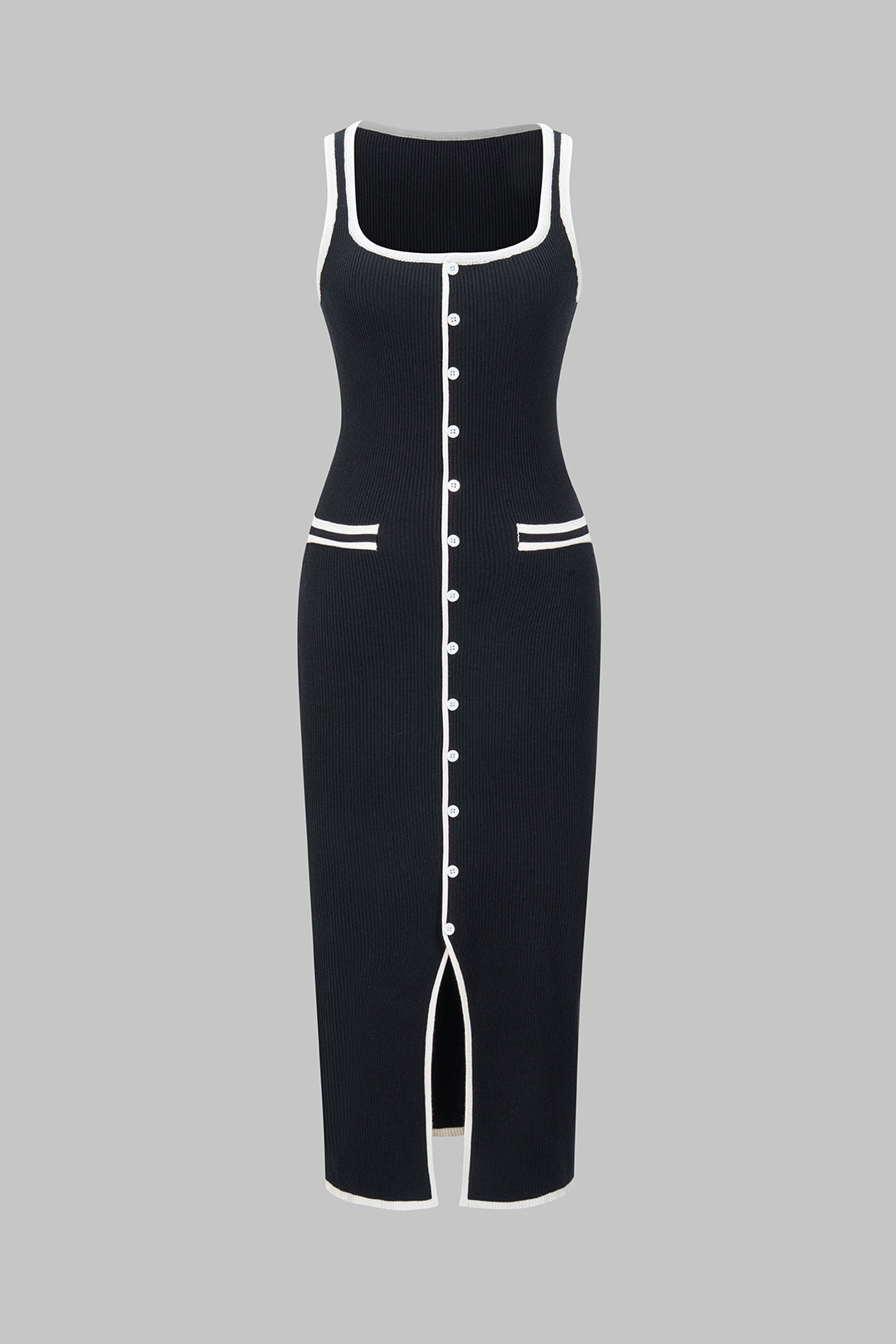 Knit Contrast Button Slit Tank Sleeveless Dress