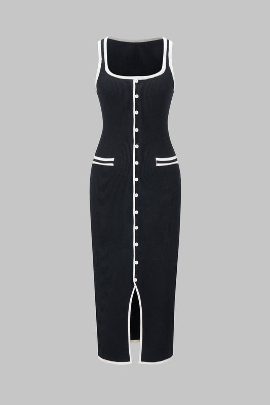 Knit Contrast Button Slit Tank Sleeveless Dress