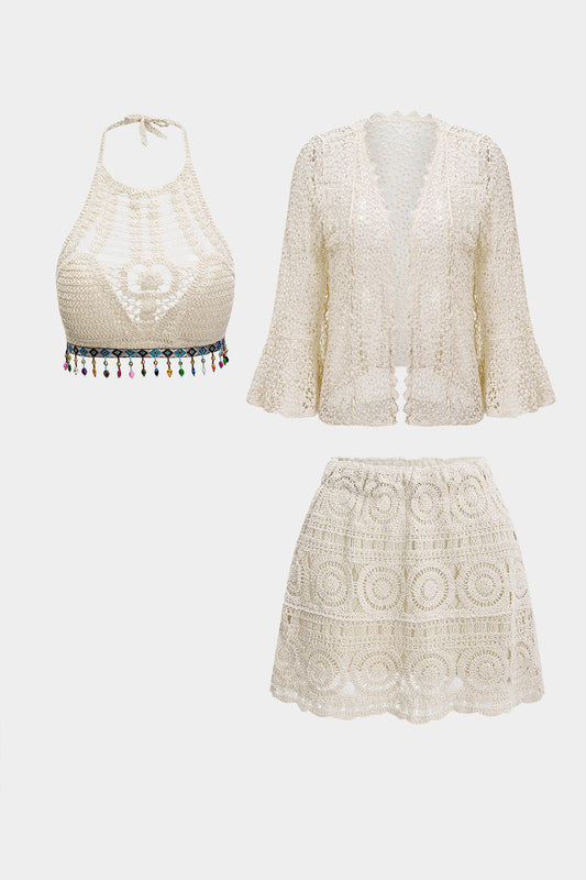 Knit Hollow Out Tank Top And Cardigan And Skirt Set