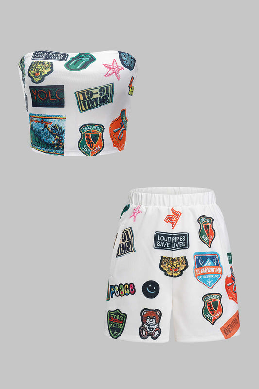 Retro Print Tube Top And High Waist Shorts Set