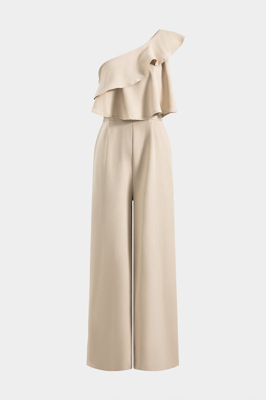 Solid Ruffle Zipper One Shoulder Sleeveless Jumpsuit