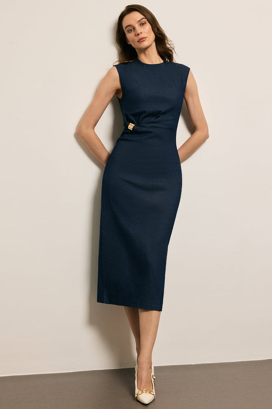 Denim Metallic Decor Ruched Tank Sleeveless Dress
