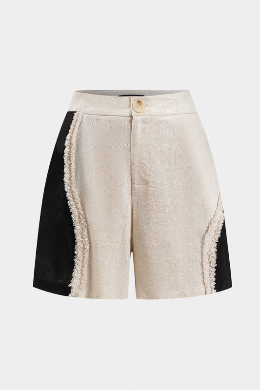 Contrast Linen Asymmetrical Button Patchwork Shorts
