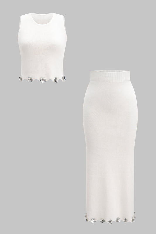 Knit Sequin Flower Decor Tank Top And Bodycon Split Skirt Set