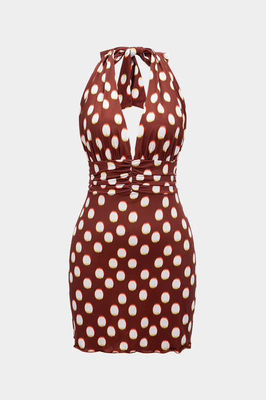Polka Dots Print Halter Tie-Up Ruched Backless Sleeveless Mini Dress