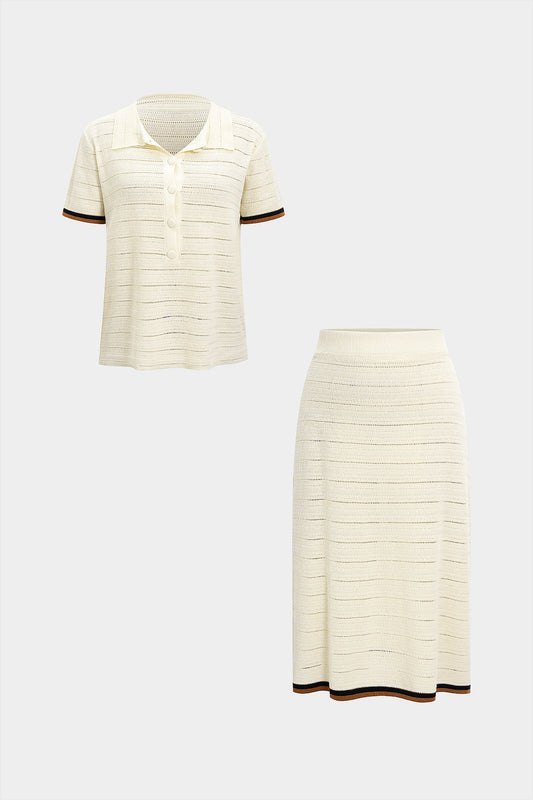 Knit Contrast Button Short-Sleeve Shirt And Skirt Set