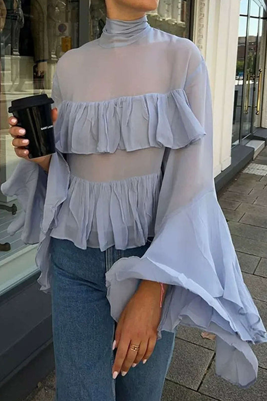 Chiffon Ruffle Hem Tie-Back Shell Long-Sleeve Shirt