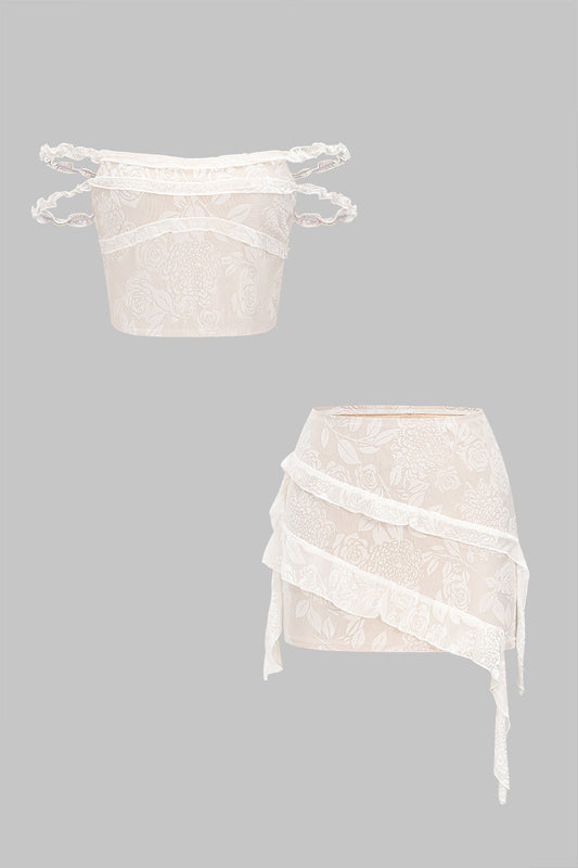 Jacquard Ruffle Tank Top And Skirt Set