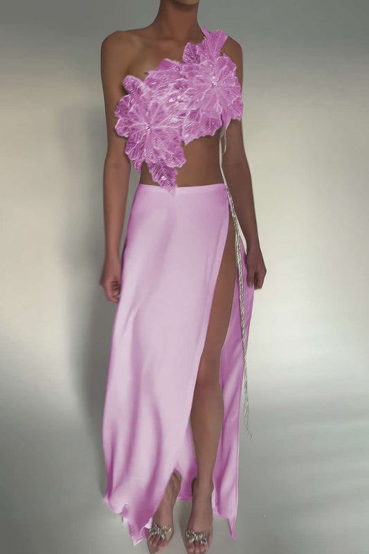 Satin Sequin Bead Tie Back Backless Top And Tie Knot Slit Skirt Set
